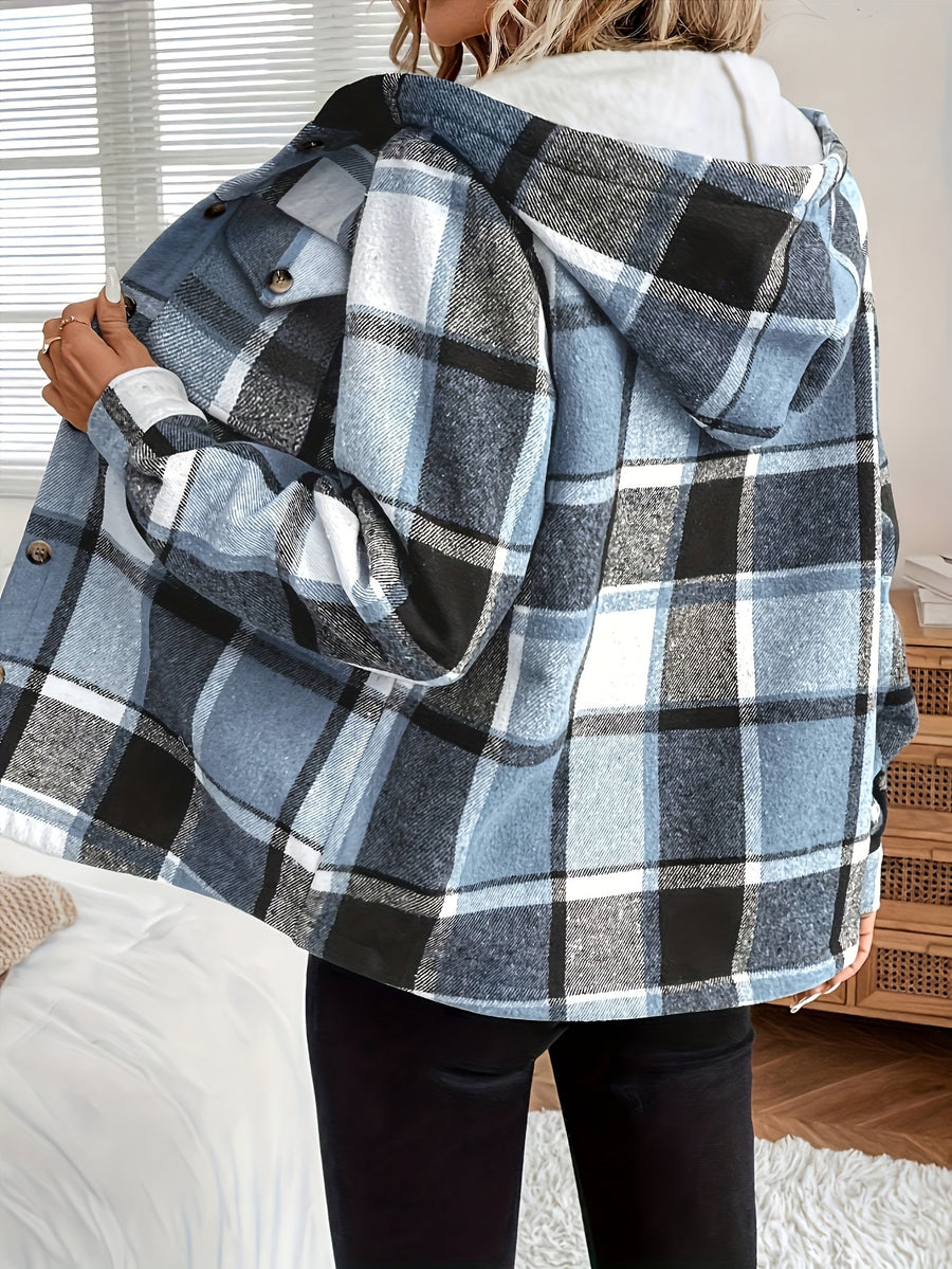 Directed Elegant Casual Plaid Women'S Hooded Fleece Lined Jacket Coat - Blue