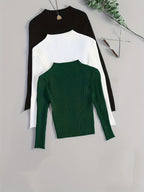 3pcs Set Stand Collar Ribbed Base Layer Stretch Plain Color Versatile Vintage - Mixed Color 4