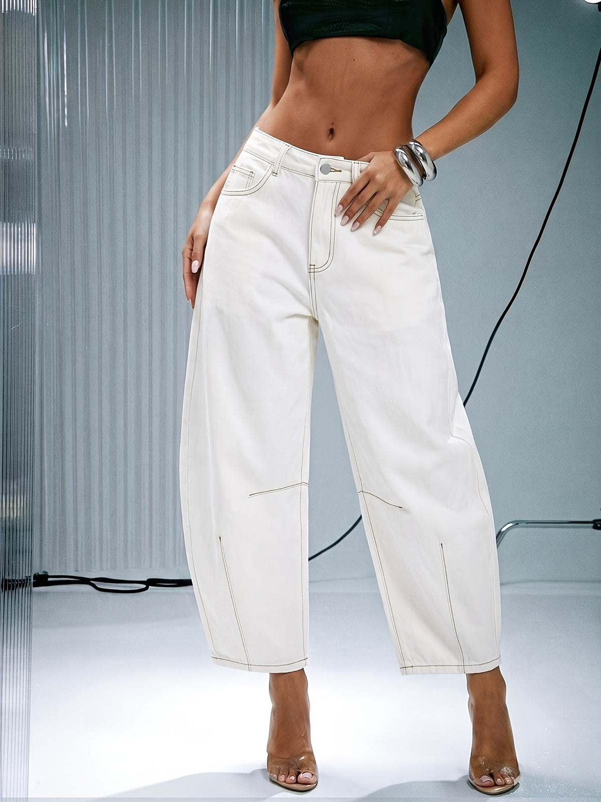 Denim Women'S Loose Non-Stretch Mid-Waist Ankle Pants Solid Color Zipper Fly Casual All-Match Daily All-Season New - Off-white