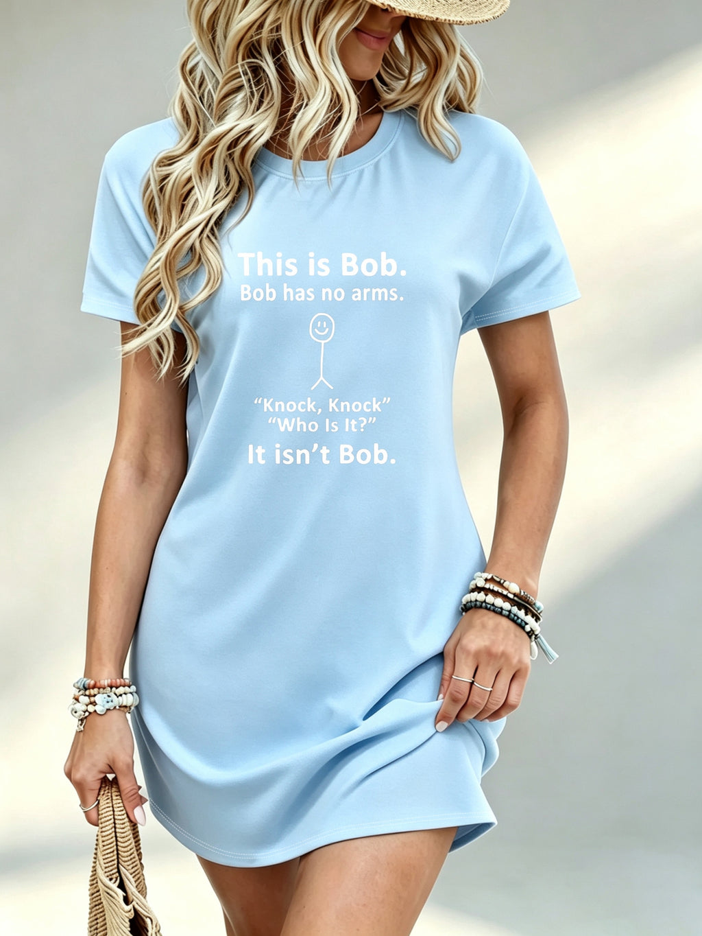 [Printed Design - Not Textured] Casual Women Dress Bob Sleeveless Funny Text Graphic Summer Beach Vacation Gift for Friend 100% - Sky Blue