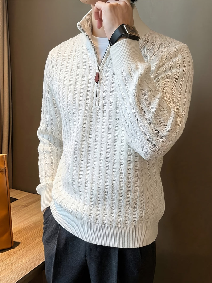 Men'S Casual High-Neck Old Money Style Half-Zip Contrast Color Knit Sweater Autumn Winter Trendy Retro Jacquard Knit Business Casual Solid Color Base Layer Top Winter Clothes for Men - White