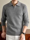 Autumn Winter Knit 3D Solid Color Lapel Polo Sweater, Basic Knit Pullover Top for Men, Fashionable Long Sleeve Sweater, Size S - Light Grey