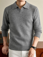 Autumn Winter Knit 3D Solid Color Lapel Polo Sweater, Basic Knit Pullover Top for Men, Fashionable Long Sleeve Sweater, Size S - Light Grey