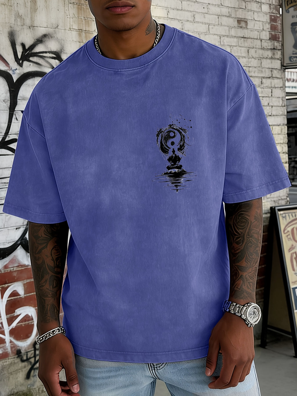 Washed and Distressed Pure Cotton Short-sleeve T-shirt with Trendy Double-sided Print Featuring Tai Chi, Zen, and Meditating Ink Wash Art. Available in 12 Colors for Mix-and-match Styling. Loose-fit Men's Top in High Street Y2K Style - Royal Blue