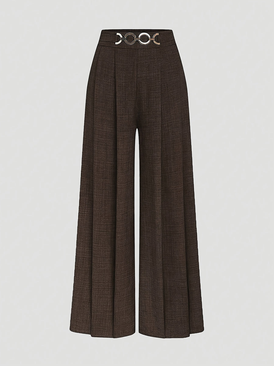 New Women'S High-Waist Metallic Button-Design Wide-Leg Pants, Elegant Casual Daily Wear - Coffee Color