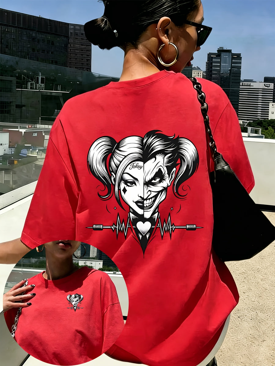 Women'S New Short-Sleeved T-Shirt, 100% T-Shirt Top, WB Brand Authorized "Joker" Joker Quinn Print Summer Breathable Top, Slim-Fit Women'S T-Shirt, Fashionable Women'S Clothing - Red