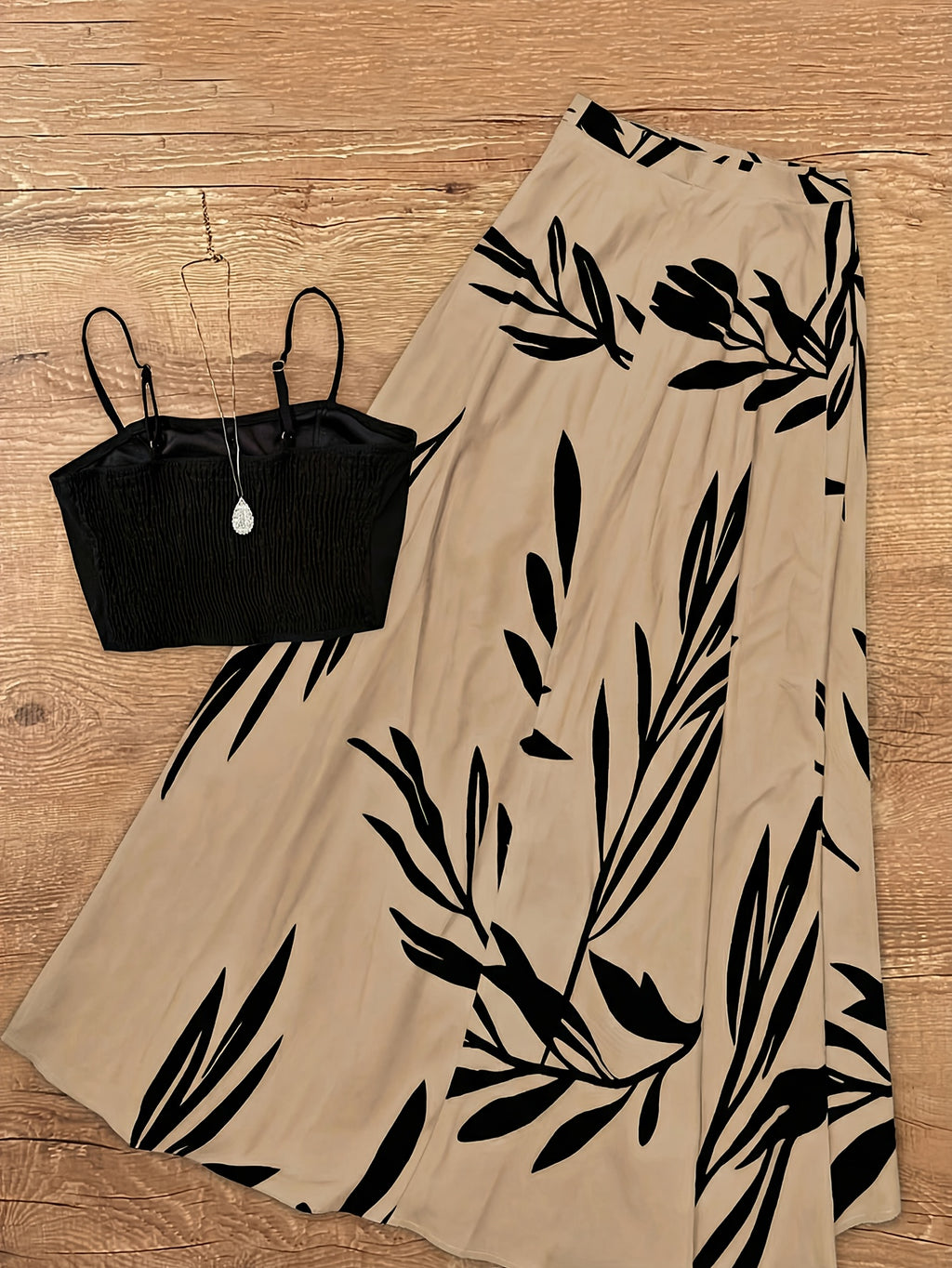 Women'S Spring Autumn Elegant Lace-Up Skirt And Cami Top 2pcs Set - Khaki