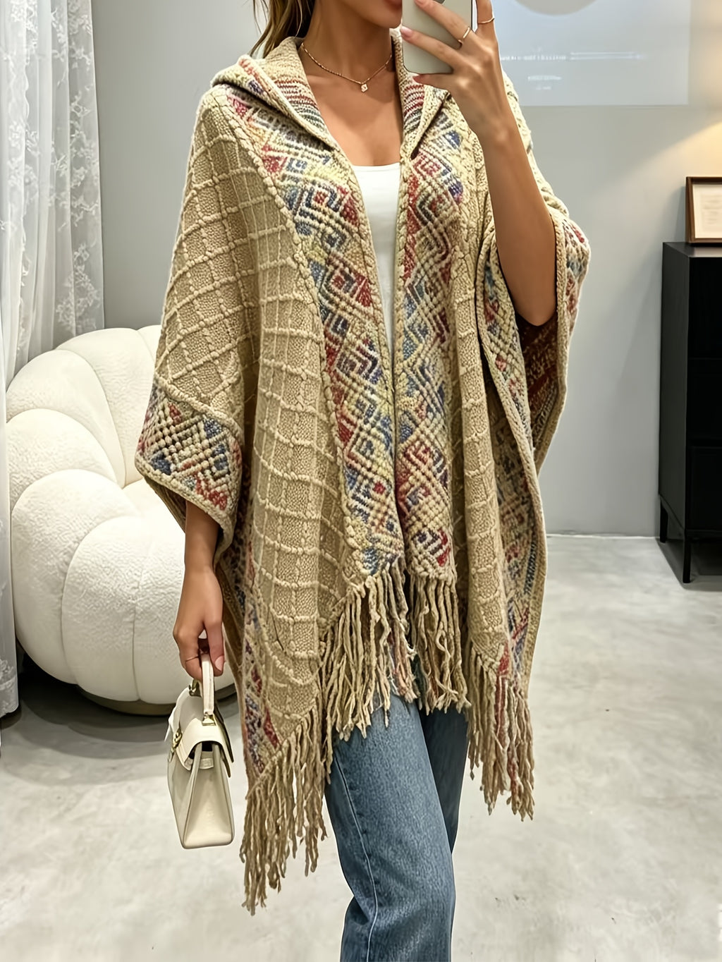 Plus Size, Women's Tops, Large-sized Cardigans, Posie-style Hooded Shawl Scarves, Fringed Cardigan Cloaks, Cardigan Coats, Pullover Tops, Women's Fashionable Outerwear for Spring, Autumn and Winter - Khaki