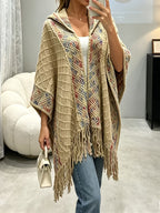 Plus Size, Women's Tops, Large-sized Cardigans, Posie-style Hooded Shawl Scarves, Fringed Cardigan Cloaks, Cardigan Coats, Pullover Tops, Women's Fashionable Outerwear for Spring, Autumn and Winter - Khaki