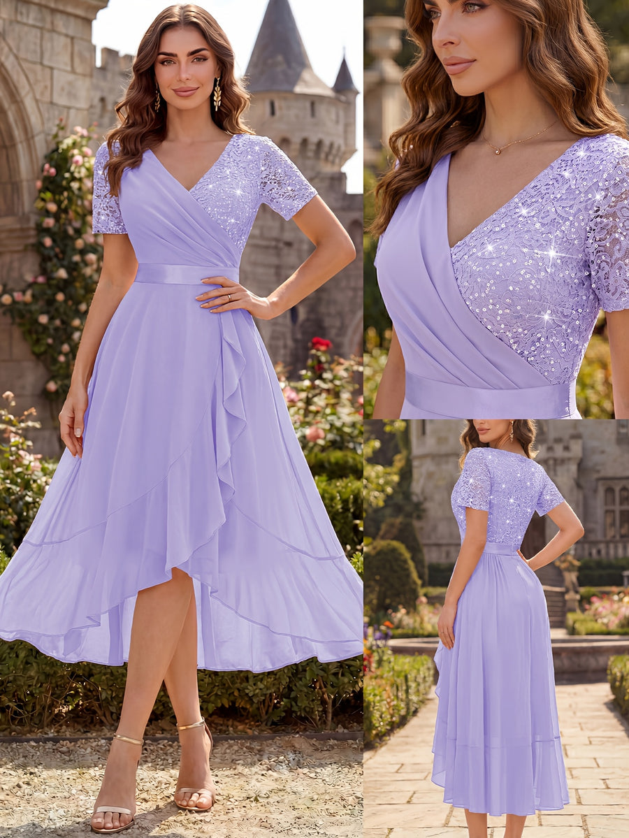Women'S Elegant V-Neck Lace Chiffon Ruffled Trim Slit Wedding Party Long Dress - Light Purple