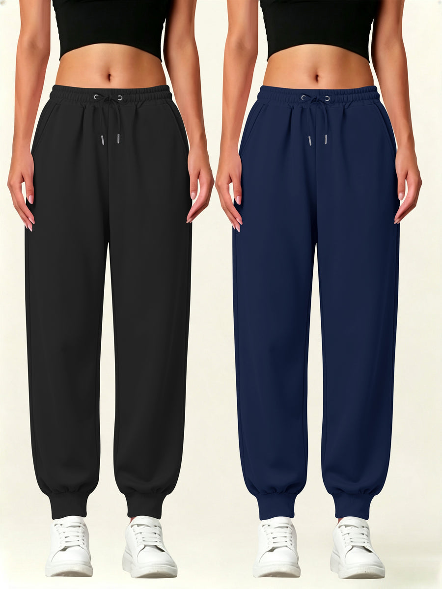 2pcs Set Autumn-Winter Women's Casual Pants with Pockets - Black+Navy Blue