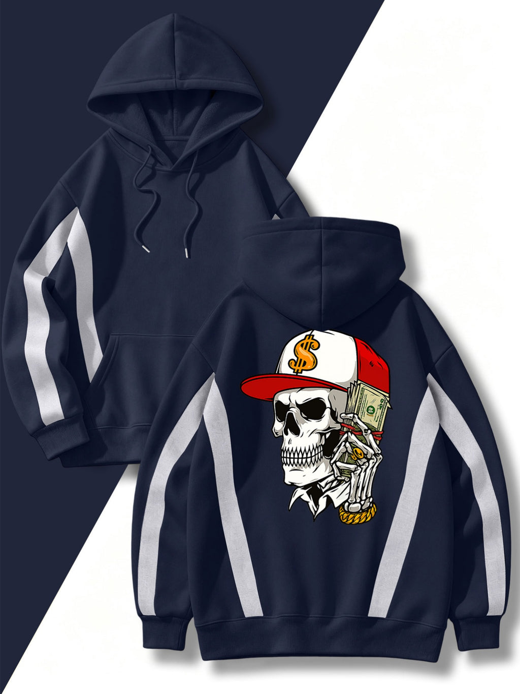 4pcs 2026 Autumn/Winter Men's Street Style Hooded Sweatshirt with Diagonal Contrast Color Line Cutting on Sleeves, Long Sleeves, Adjustable Drawstring, Large Capacity Kangaroo Pocket for Phone Storage, Skin-Friendly and Warm, Versatile Pullover - Navy Blue+Navy Blue+Navy Blue+Navy Blue