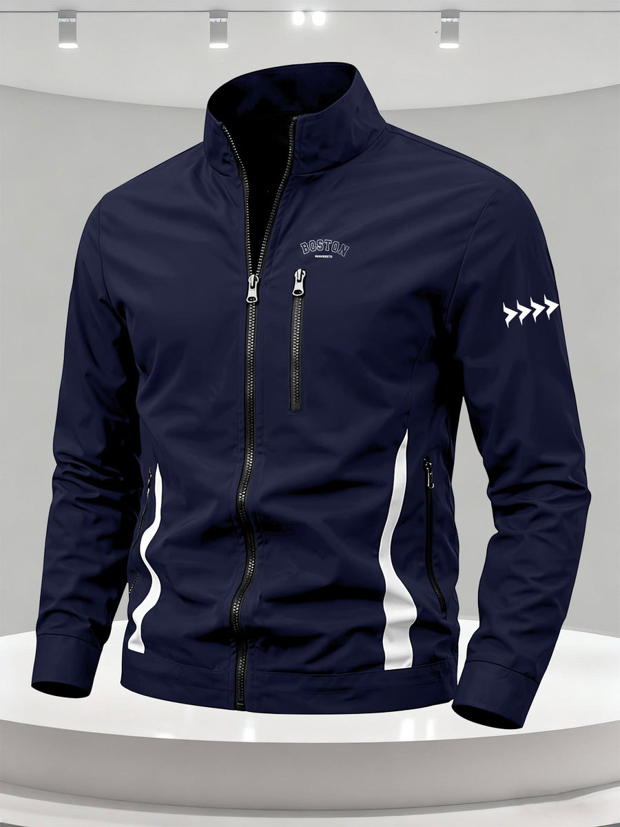Men'S Spring Autumn Stand-Collar Casual Jacket, Zipper-Style Lightweight Coat, Side Contrast Stand-Collar Sporty Commuter Top - Star Blue