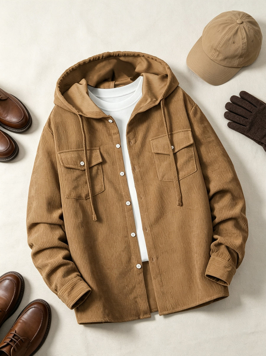 American Retro Hooded Corduroy Shirt Jacket for Men, Relaxed And Casual for Autumn, Workwear Jacket, Japanese Lazy Style, Versatile Trendy Brand Top - 【Light Yellow】