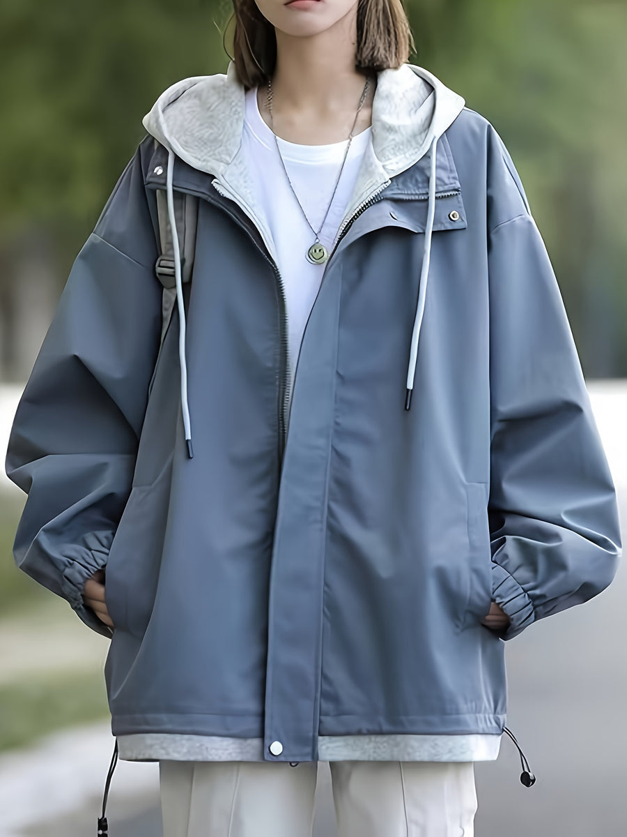 New Women's Casual 2-in-1 Look Workwear Trench Coat, Loose American-Style Hooded Jacket Outerwear Top - Dark Blue 1