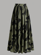 Women's Wide-Length Watercolor Midi Skirt - High-Waisted Loose Skirt Suitable for Spring Summer Fall, Elegant Office to Casual Wear, Machine Washable Skirt - fern green