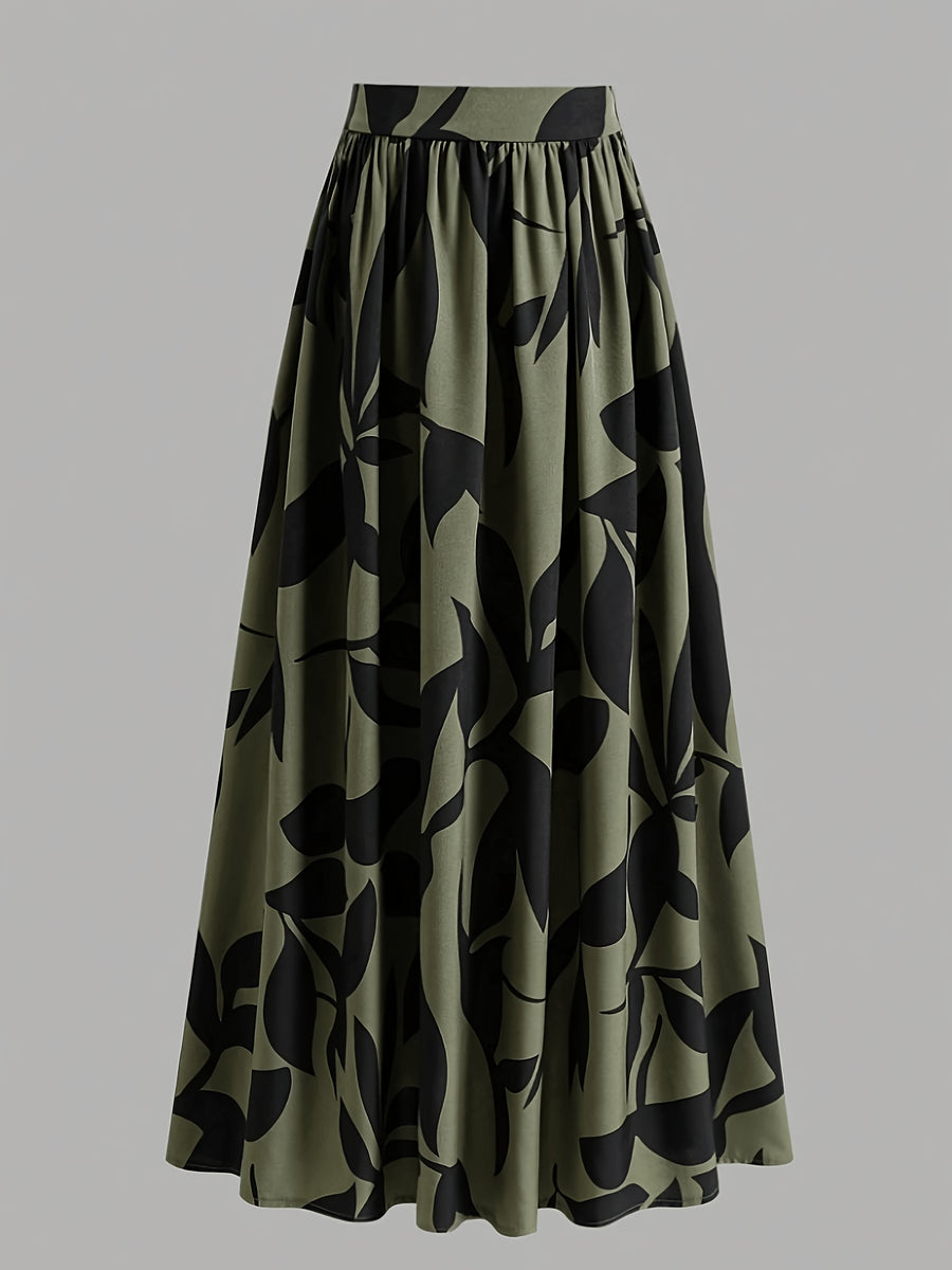Women's Wide-Length Watercolor Midi Skirt - High-Waisted Loose Skirt Suitable for Spring Summer Fall, Elegant Office to Casual Wear, Machine Washable Skirt - fern green