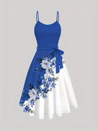 Women's Suit Blue Cardigan Jacket and Flower Print Contrasting Color Suspender Dress with Lace-up 2pcs Set Temperament Daily Party Ladies' Clothing - Blue