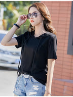 Hooded Short-Sleeved T-Shirt Women'S Summer New Korean Version Loose Casual Hooded Top - Black