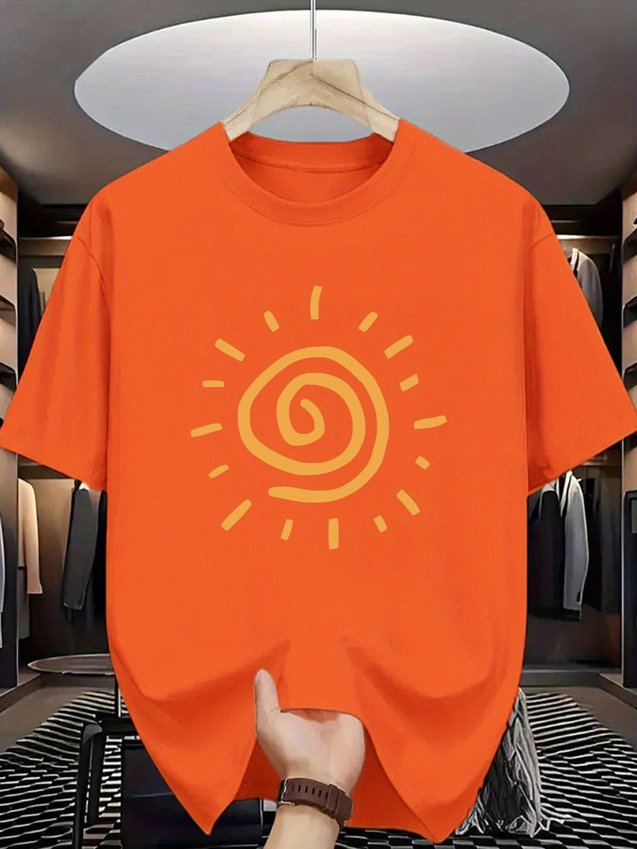 Sunny Energetic Orange Spiral Pattern Short Sleeve T-Shirt, Fresh And Fashionable, Suitable for Outdoor Activities And Daily Wear - Orange