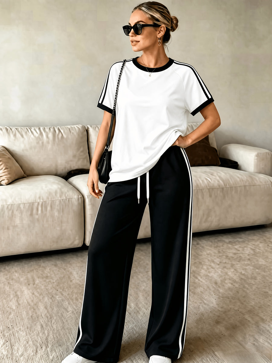 2pcs Set Women's Regular Size Short Sleeve Long Pants Outfit, Color-Blocked Comfortable Soft Casual Sportswear Set with Long Sweatpants and Short Sleeve Top - White+black