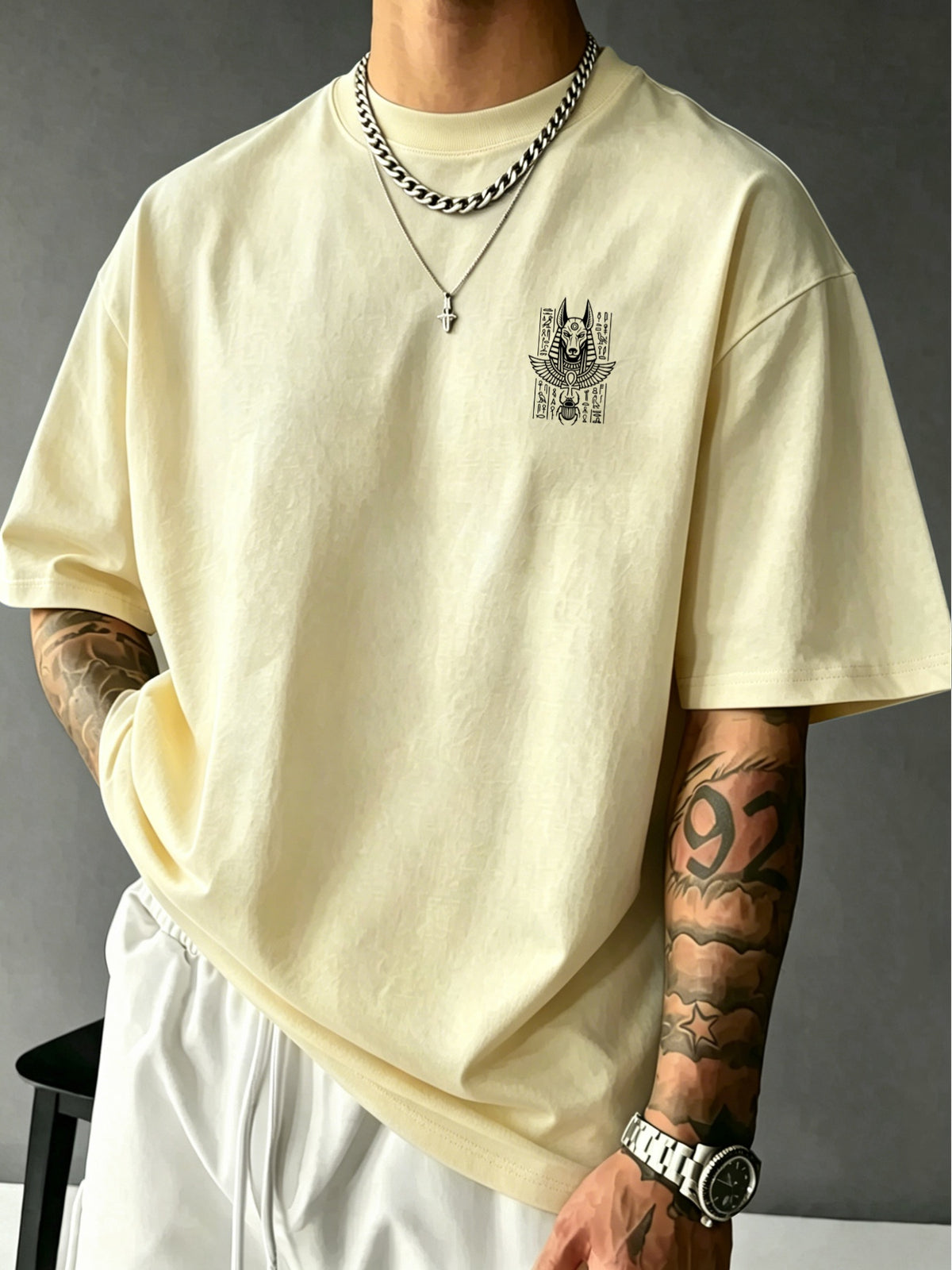 Men's 100% Pure Cotton T-Shirt with Anubis Scarab Egyptian Element Print, Casual, Comfortable, and Breathable for All Seasons - Apricot