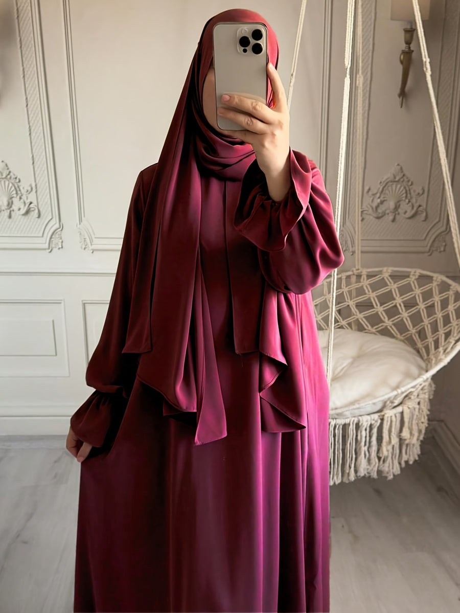1pc Fashionable, Elegant and Casual One-piece Solid-colored Bellows Sleeve Suitable for Daily Wear. Loose and Comfortable Women's Abaya Robe.abayas for Women Muslim Kleider Damen Abaya for Women Stylish Khimar Ladies Abaya - Deep Red