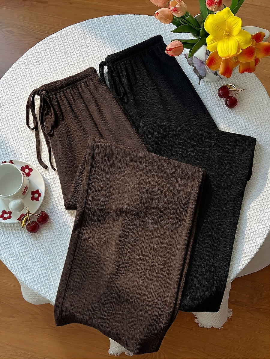 Women's New Style Long Pants Y2K Casual Vacation Versatile Preppy Style Textured Wide-Leg Pants - Black With Coffee
