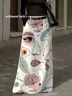 A Women'S Midi Skirt, Straight Cut, Made of Fabric, Featuring Pockets, Elastic at The Back Waist, Vacation Style, Machine Washable, Without a Belt - Multicolor