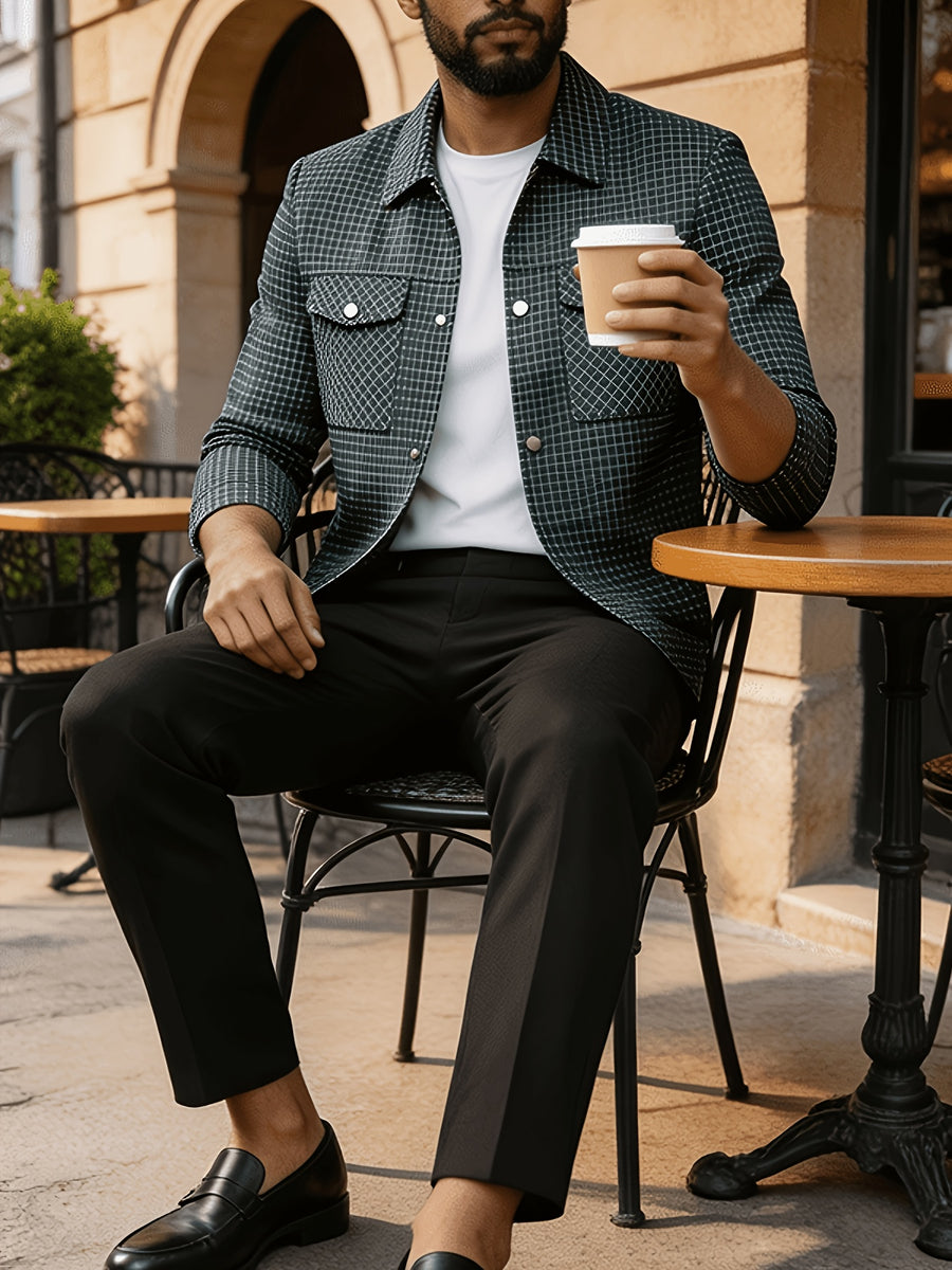 Men'S Plaid Lapel Button-Front Jacket, 100% Polyester Breathable Anti-Scratch Quick-Dry Wrinkle-Resistant Office Daily Casual Outerwear - Military Green