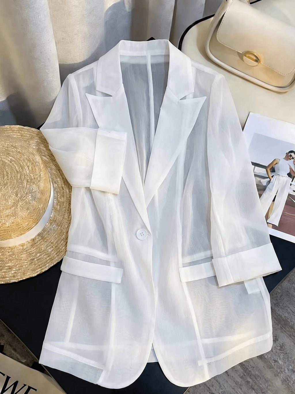 YYTT European and American Style Women's Lightweight Suit Jacket, Single Item Top, Fashionable, Versatile, Charming, Elegant, and Graceful Outfit - White