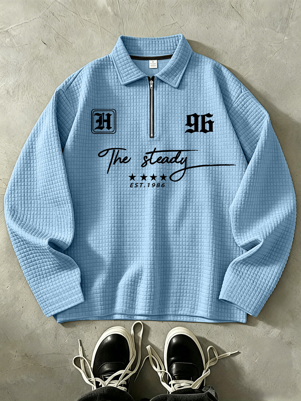 THE STEADY Men'S Half-Zip Fashion Waffle Texture Autumn Winter Casual Athletic POLO Shirt, Street Style Versatile Trendy Long Sleeve Top - Sky Blue