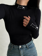 Y2K Niche Hand-painted Cat Print High-neck T-shirt, Simple Line Art Style, Fit, Sexy Long-sleeve Base Layer Top - Black