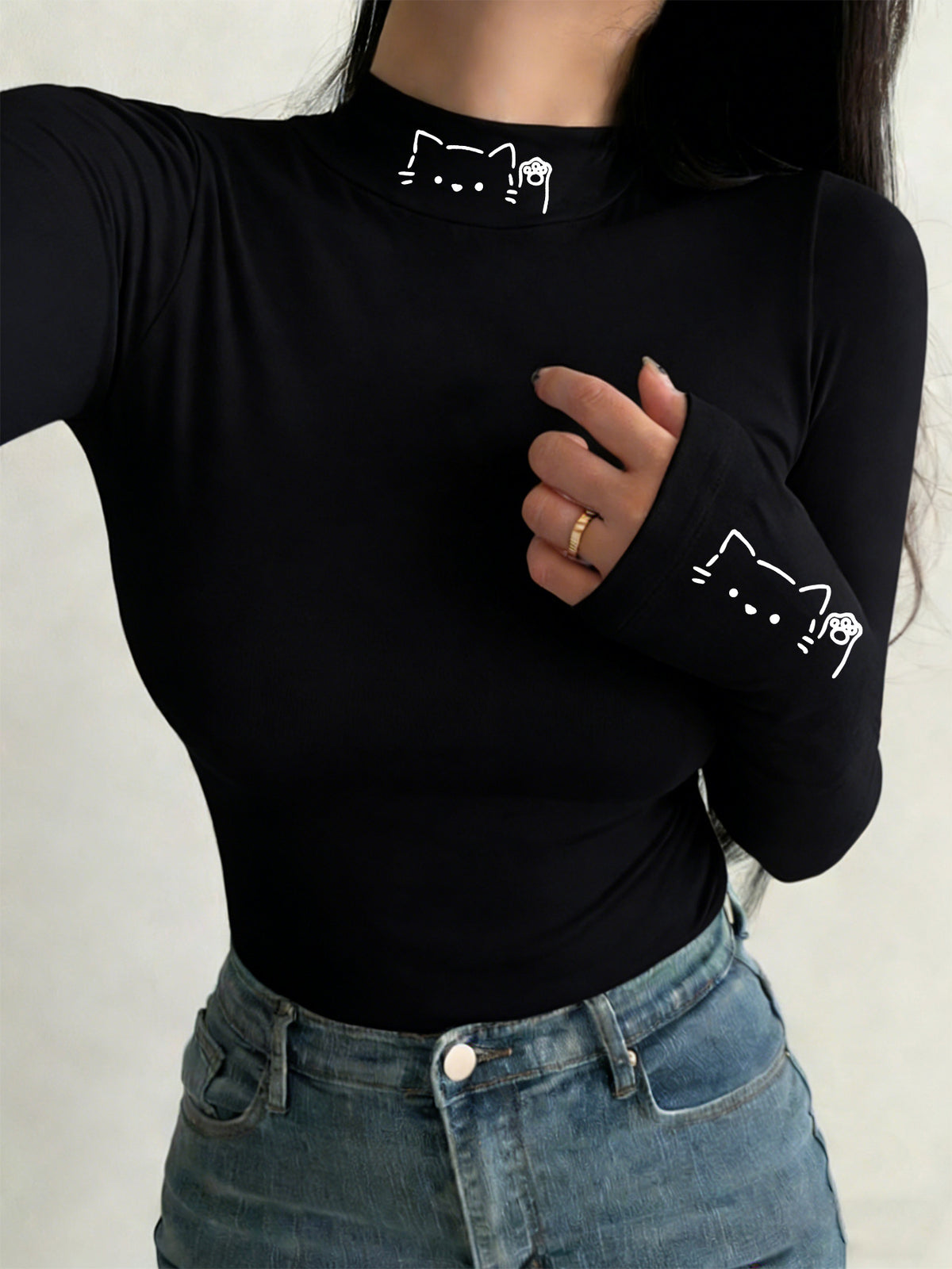 Y2K Niche Hand-painted Cat Print High-neck T-shirt, Simple Line Art Style, Fit, Sexy Long-sleeve Base Layer Top - Black