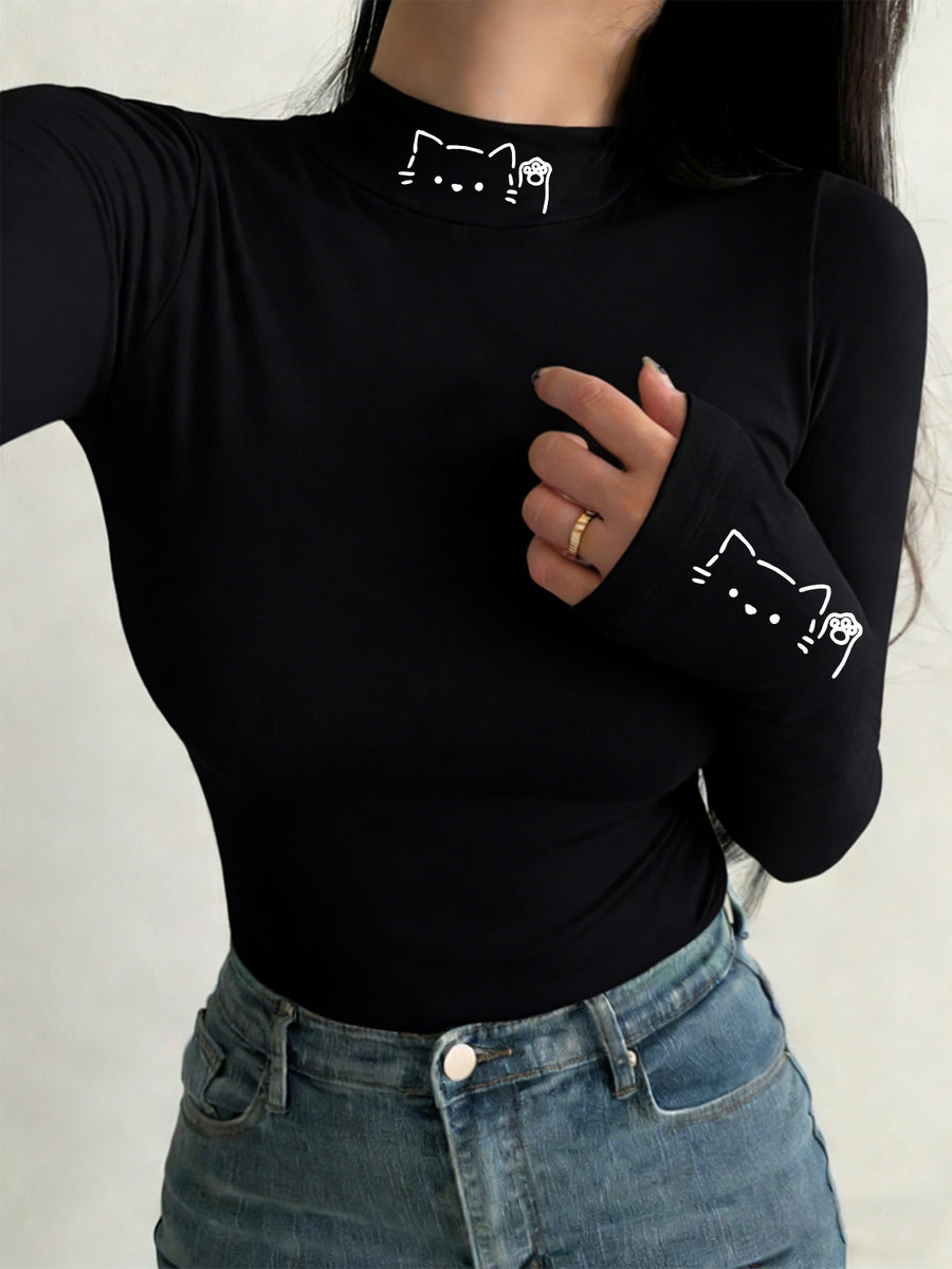 Y2K Niche Hand-painted Cat Print High-neck T-shirt, Simple Line Art Style, Fit, Sexy Long-sleeve Base Layer Top - Black