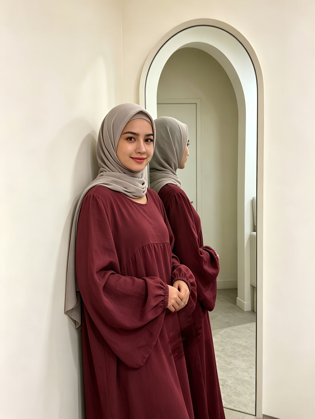 Modest Gathered Waist Maxi Dress, Loose Fit Balloon Long Sleeve Dress with Elastic Cuffs for Daily Wear - Red