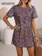 European and American Style Multicolor Sequined Straight-Cut Mini Skirt with Round Neck, Short Sleeves, Loose Fit, and Figure-Flattering Design for Birthday Parties and Gatherings - Mixed colors