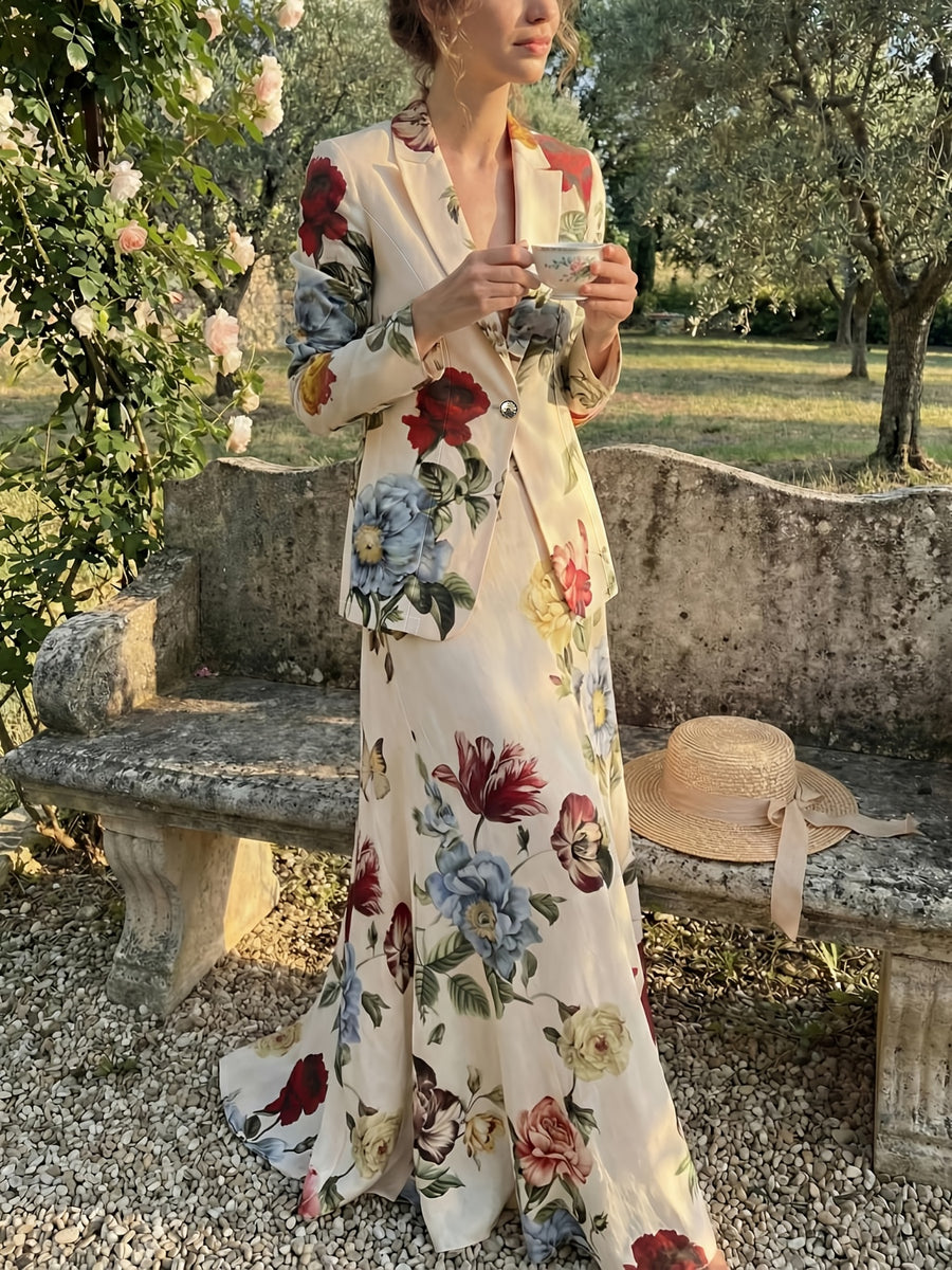 2026 Fashion New Vintage Court Style Floral Print Suit Jacket And Oversized Umbrella Skirt Two-Piece Set - Multicolor