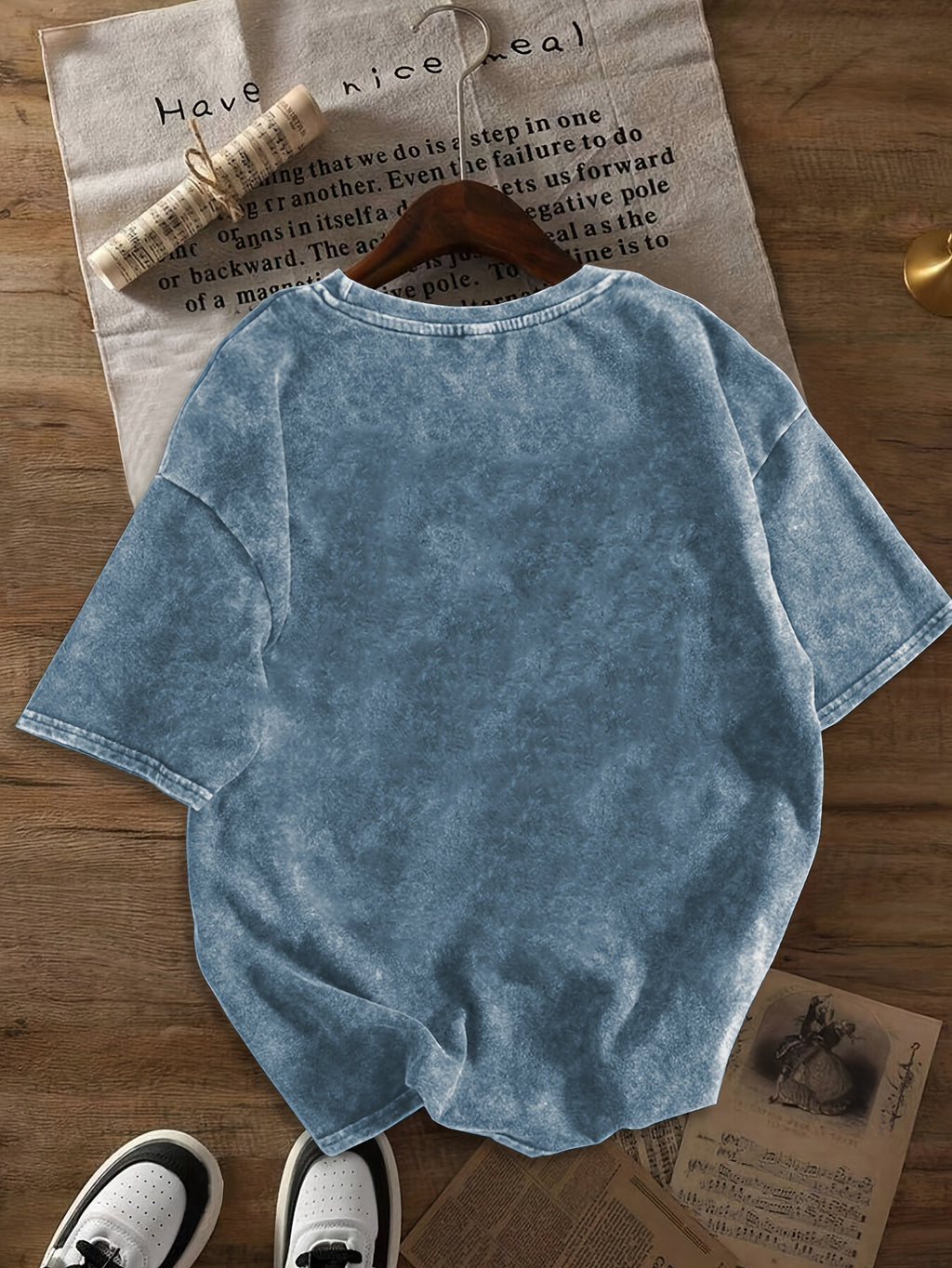 Daisy Print Crew Neck Short Sleeve  Casual Everyday Washed T-Shirt - Blue