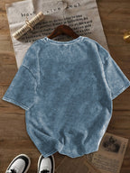 Daisy Print Crew Neck Short Sleeve  Casual Everyday Washed T-Shirt - Blue