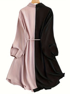 Plus-Size Women's Elegant Color-Block Collared Shirt Dress with Drawstring Waist - Slim-Fit Long Sleeve Machine Washable Solid Color Dress for Spring Summer Fall, Everyday Elegance, Flowy Fabric - Pink Color