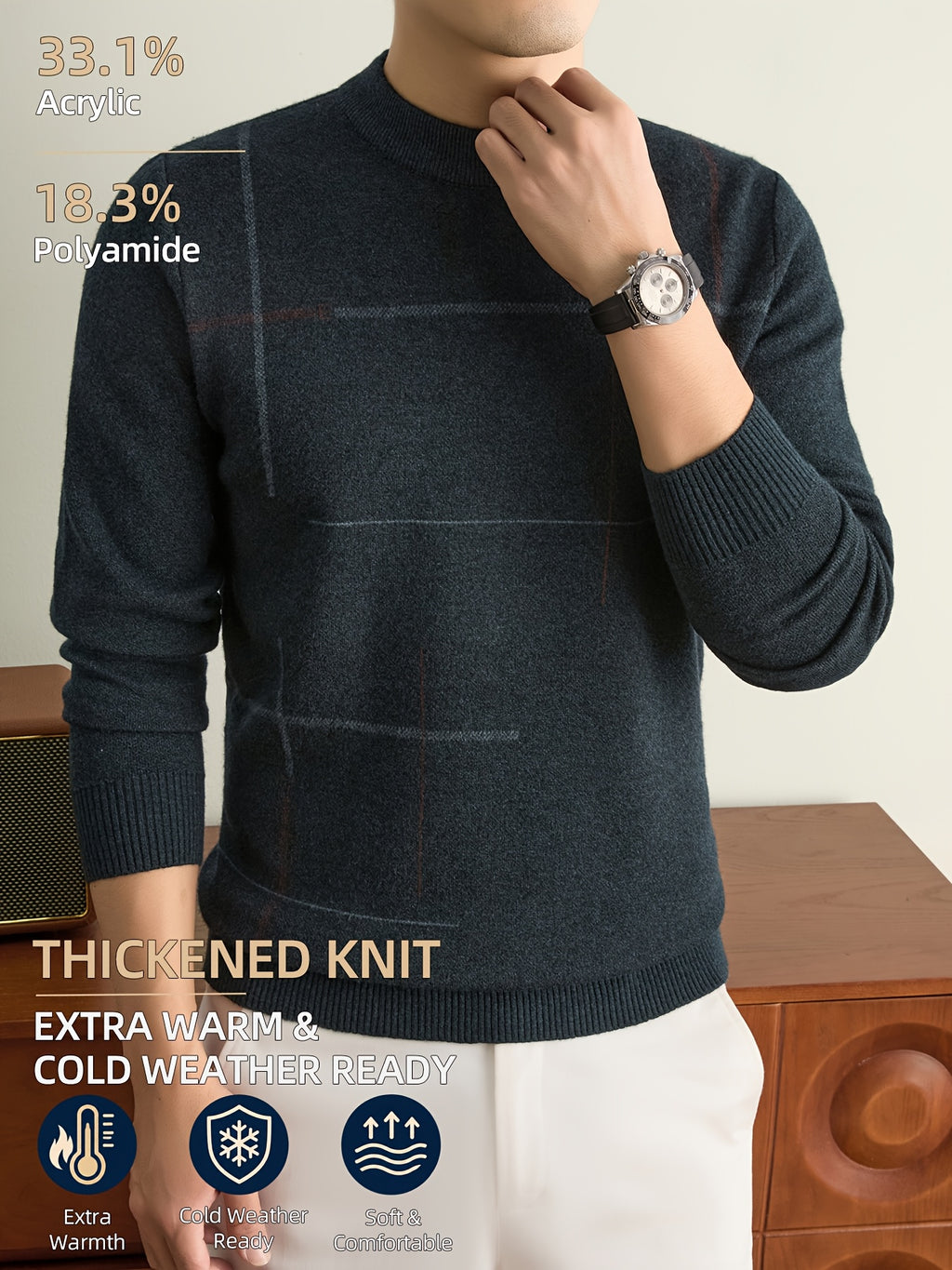 Men's Fall Winter Knit Pullover Sweater with Classic Stripes. Thick, Warm and Comfortable in a Timeless Old-money Style. Perfect for Commuting, Casual Wear, Sports, Hiking, Camping and Fishing. A Great Gift for Fathers and Husbands. - Dark Gray