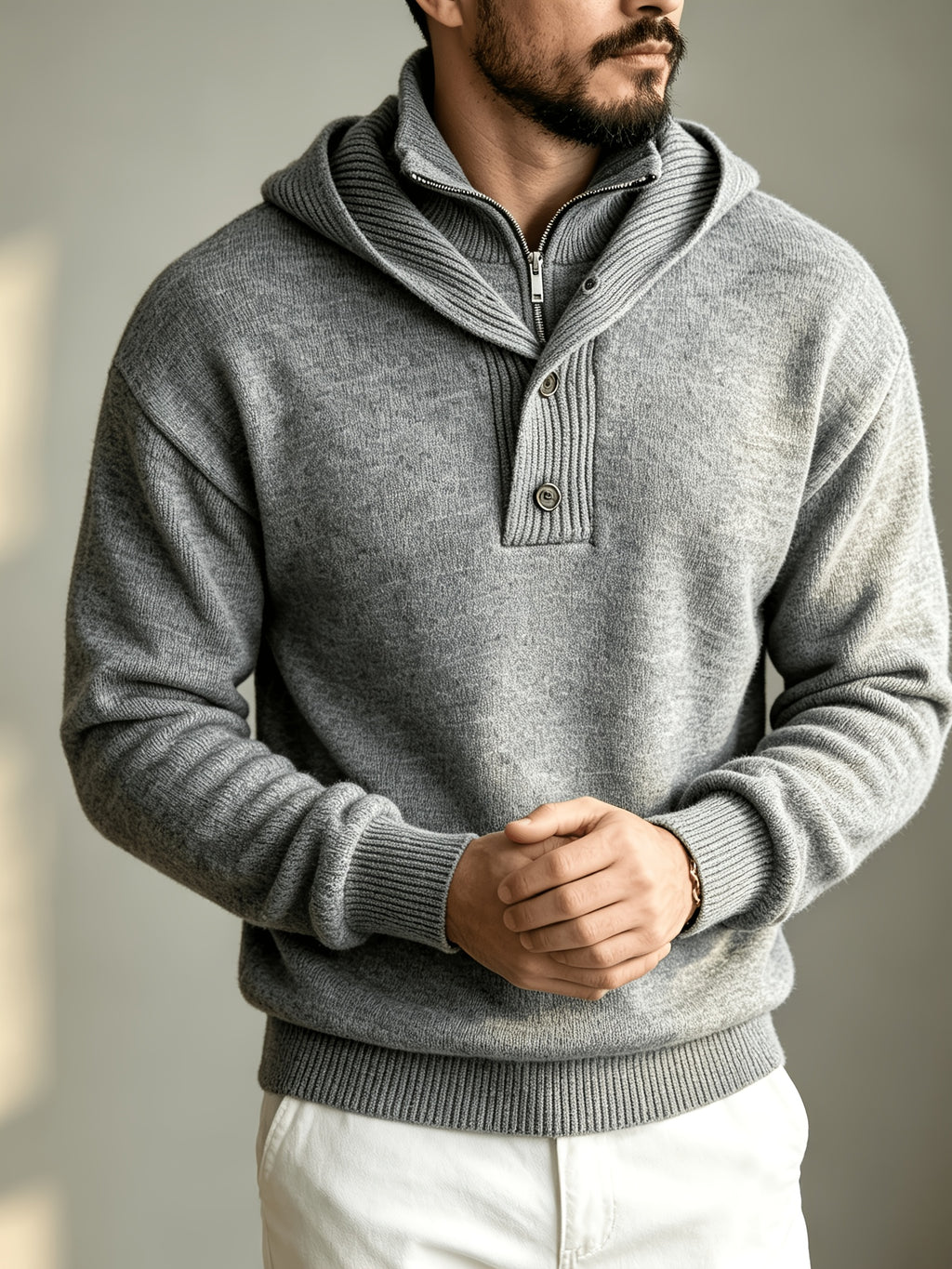 Autumn/Winter Men's 2-in-1 Look Hooded Knit Sweater, Half-Zip High Neck Design with Overlay Button Placket, Fine, Soft, and Skin-Friendly Fabric, Regular Fit for Slimming and Concealing. A Versatile Top for Casual and Daily Commutes, a Warm - Light Grey