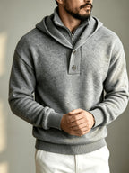 Autumn/Winter Men's 2-in-1 Look Hooded Knit Sweater, Half-Zip High Neck Design with Overlay Button Placket, Fine, Soft, and Skin-Friendly Fabric, Regular Fit for Slimming and Concealing. A Versatile Top for Casual and Daily Commutes, a Warm - Light Grey
