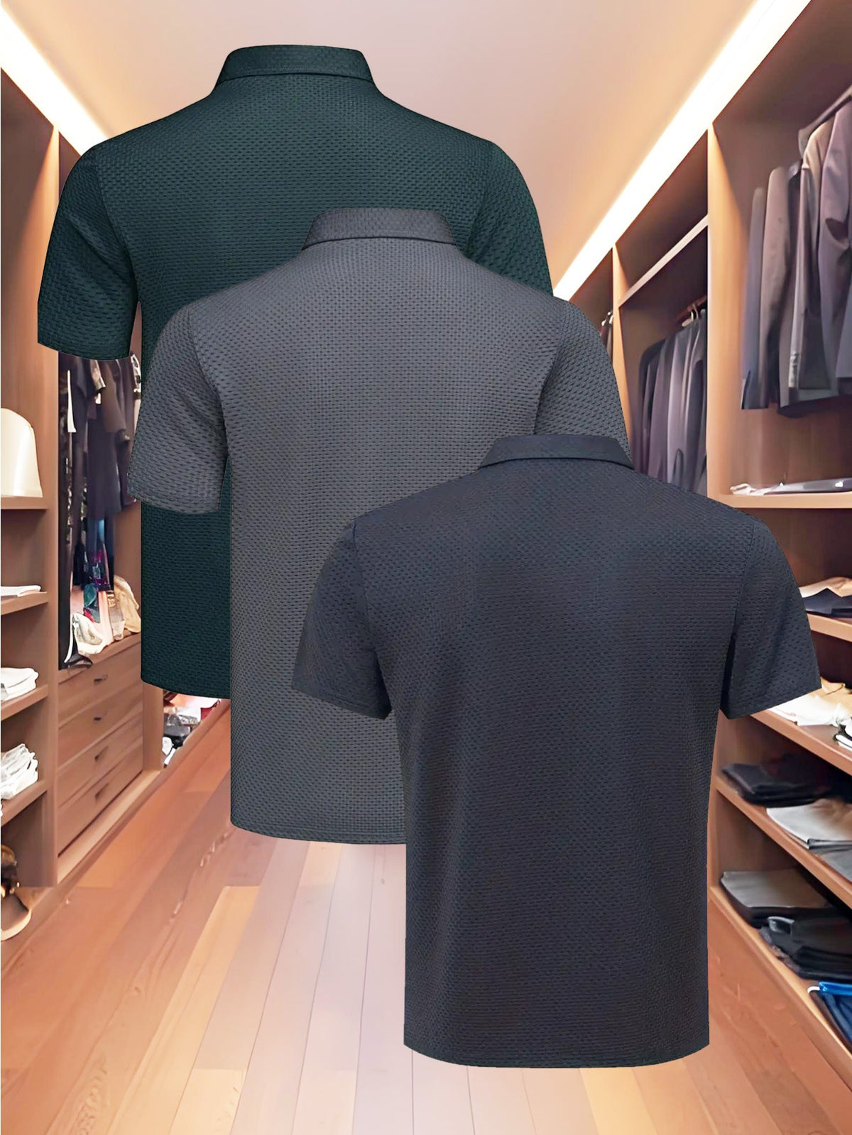 3pcs Value Pc, Summer Short-sleeve Polo Shirt! New Jacquard Fabric, Quick-drying, Lightweight and Breathable, Easy to Wash and Dry Quickly. Men's Color-blocked Cool and Comfortable Polo Shirt with Lapel, for Sports and Casual Wear. Men's Short-sleeve - Green-gray-blue