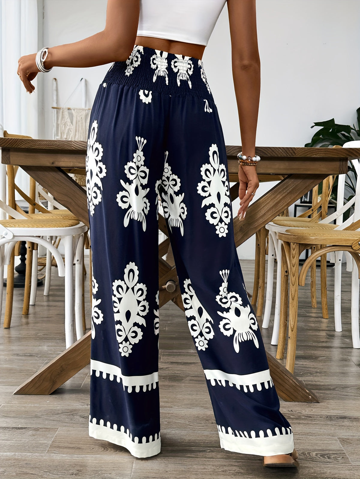 Floral Waist-Tie Fashion Casual Printed Pants, Women's Long Wide-Leg Trousers - Navy Color