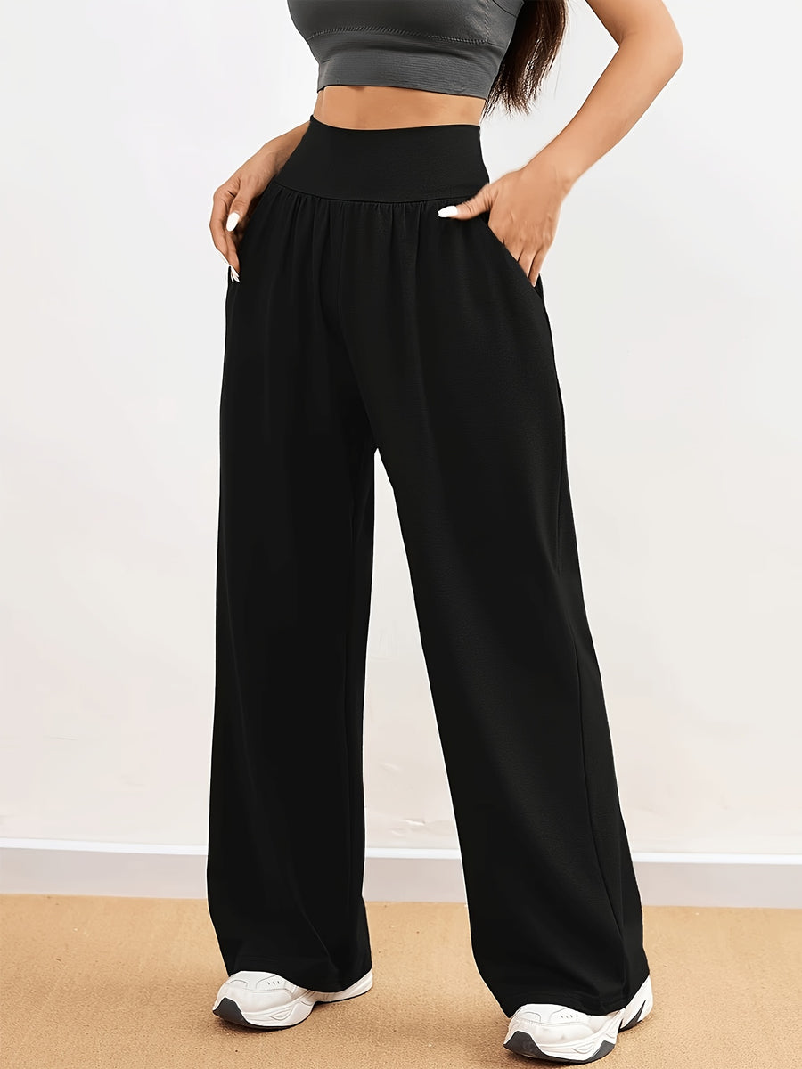 5801 Women's High-Waist Stretchy Loose-Fit Straight-Leg Pants | Solid Color, with Pocket Details, Casual Style, Suitable for All Seasons and Weekend Outings - Black