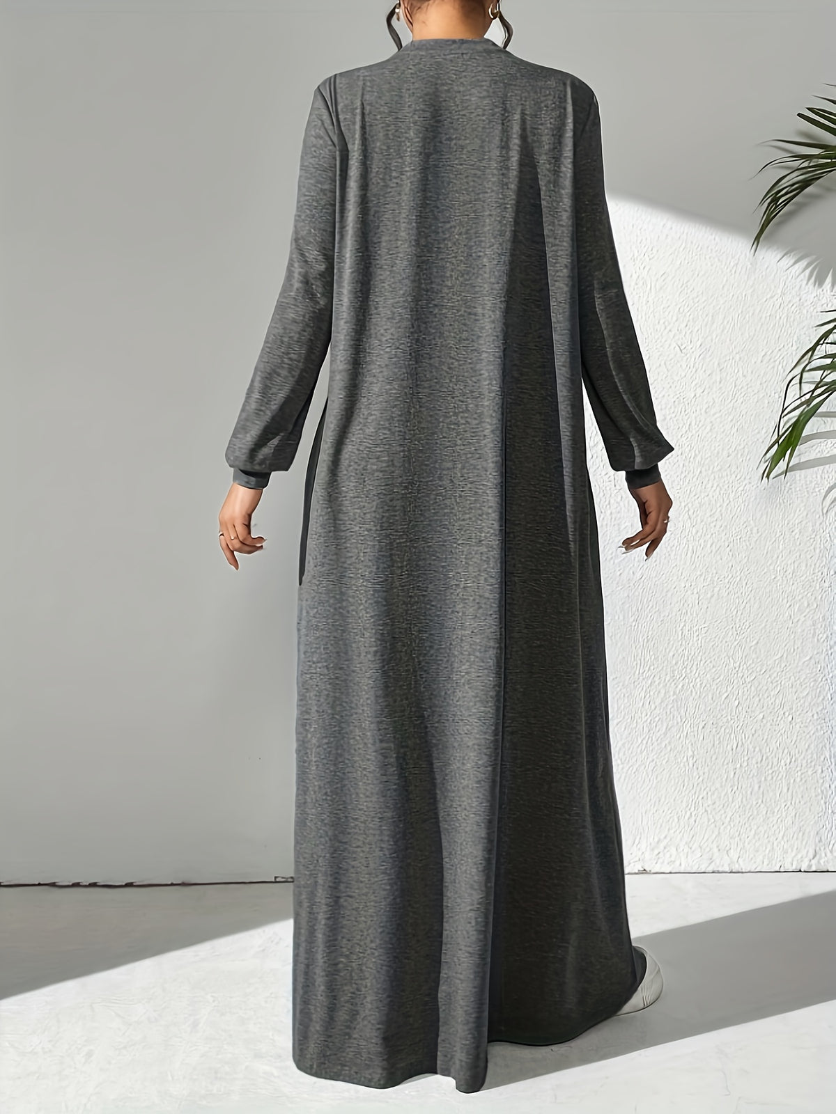 Women'S Casual Solid Color Arabian Style Dress, Spring/Autumn Season, Easy Long Sleeve Dress, Perfect for Beach/Casual/Vacation/Home Wear/Daily Wear - Graphite Color
