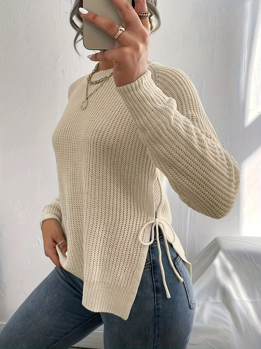 Women's Slim Fit High Elasticity Long-Sleeve Top. Details: Slit Hem Bow Design Knitted - Ribbed Crew Neck Elegant Women's Wear for Autumn/Winter, Casual Everyday Semi-Formal Mustard Yellow Machine-Washable 100% Solid Versatile Base Layer Shirt - Apricot