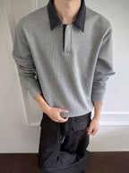Polo Shirt, 1pc Men'S Fashion Trendy Casual Individual Color-Block Patchwork Collar Polo Shirt, Loose Fit, Comfortable Stretch Fabric, Suitable for Daily Casual Commuting Wear - Light Grey